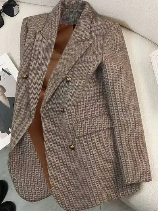 Jackets & Blazers - Coffee Brown Elegant Women's Regular Fit Double Breasted Lapel Blazer Jacket